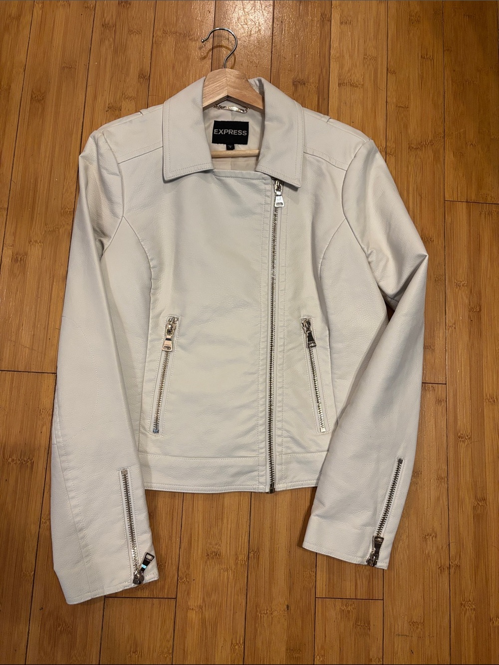 Express Cream Faux Leather Asymmetrical Zip Moto Jacket L